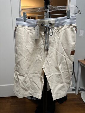 Men's Cream Drawstring Swim Trunks with Elastic Waist